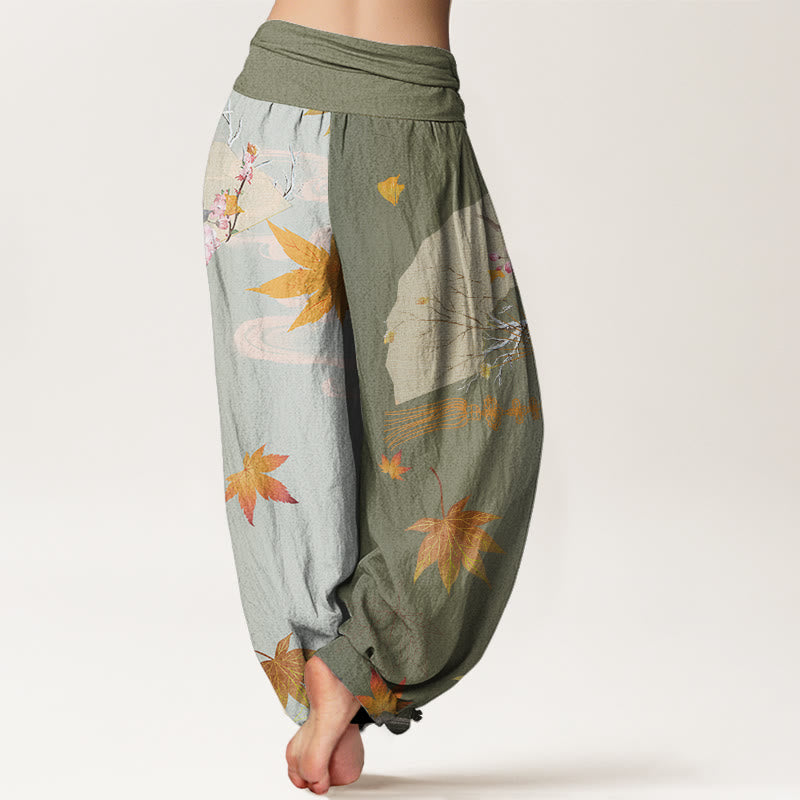 Lässige Haremshose mit Buddha Stones, faltbarem Fächer, Blumen, Ahornblättern, Wolkenmuster, elastischer Bund für Damen - image 7