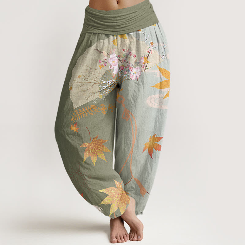 Lässige Haremshose mit Buddha Stones, faltbarem Fächer, Blumen, Ahornblättern, Wolkenmuster, elastischer Bund für Damen - DunkelMeergrün - US22， UK/AU26，EU54 (6XL) - image 5