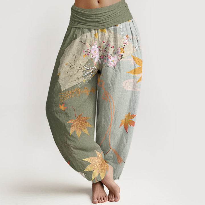 Lässige Haremshose mit Buddha Stones, faltbarem Fächer, Blumen, Ahornblättern, Wolkenmuster, elastischer Bund für Damen - DunkelMeergrün - US22， UK/AU26，EU54 (6XL) - image 5