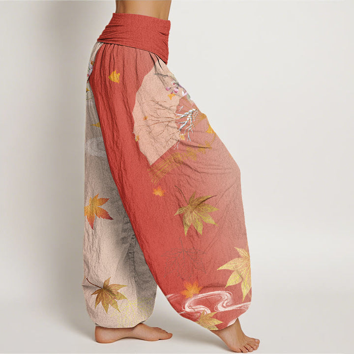 Lässige Haremshose mit Buddha Stones, faltbarem Fächer, Blumen, Ahornblättern, Wolkenmuster, elastischer Bund für Damen - image 9