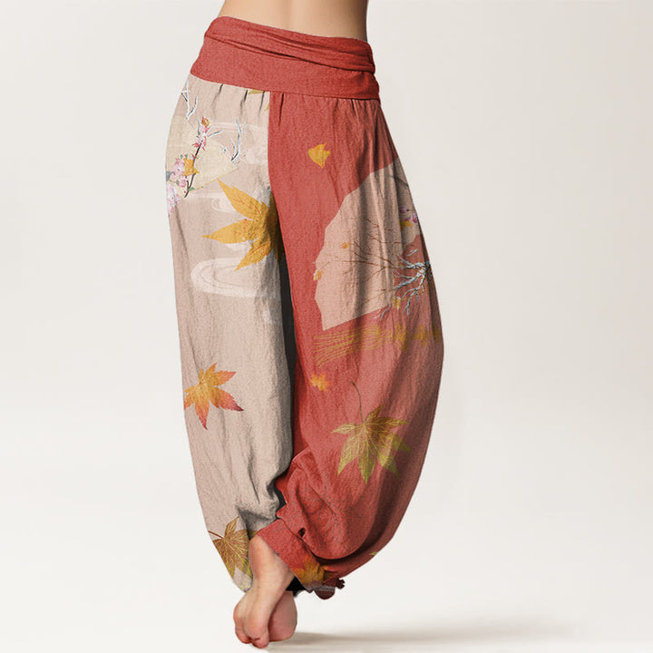 Lässige Haremshose mit Buddha Stones, faltbarem Fächer, Blumen, Ahornblättern, Wolkenmuster, elastischer Bund für Damen - image 10