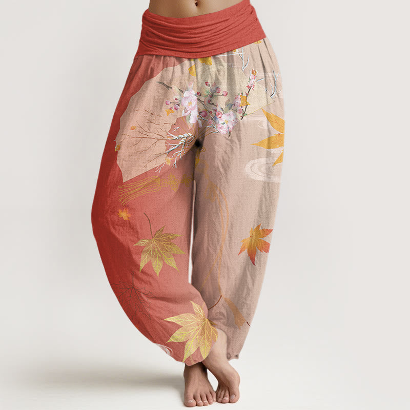 Lässige Haremshose mit Buddha Stones, faltbarem Fächer, Blumen, Ahornblättern, Wolkenmuster, elastischer Bund für Damen - Tomate - US22， UK/AU26，EU54 (6XL) - image 8