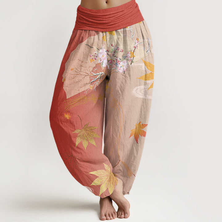 Lässige Haremshose mit Buddha Stones, faltbarem Fächer, Blumen, Ahornblättern, Wolkenmuster, elastischer Bund für Damen - Tomate - US22， UK/AU26，EU54 (6XL) - image 8