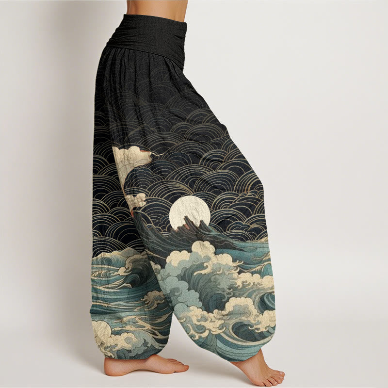 Buddha Stones Lässige Haremshose für Damen mit elastischer Taille und Wellen-Mond-Berg-Muster - image 2