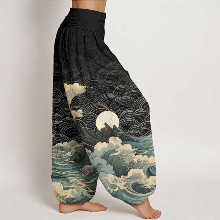 Buddha Stones Lässige Haremshose für Damen mit elastischer Taille und Wellen-Mond-Berg-Muster - image 2