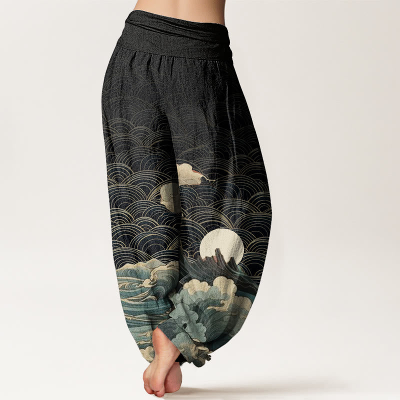 Buddha Stones Lässige Haremshose für Damen mit elastischer Taille und Wellen-Mond-Berg-Muster - image 3