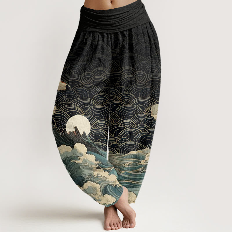Buddha Stones Lässige Haremshose für Damen mit elastischer Taille und Wellen-Mond-Berg-Muster - Schwarz - US22， UK/AU26，EU54 (6XL) - image 1