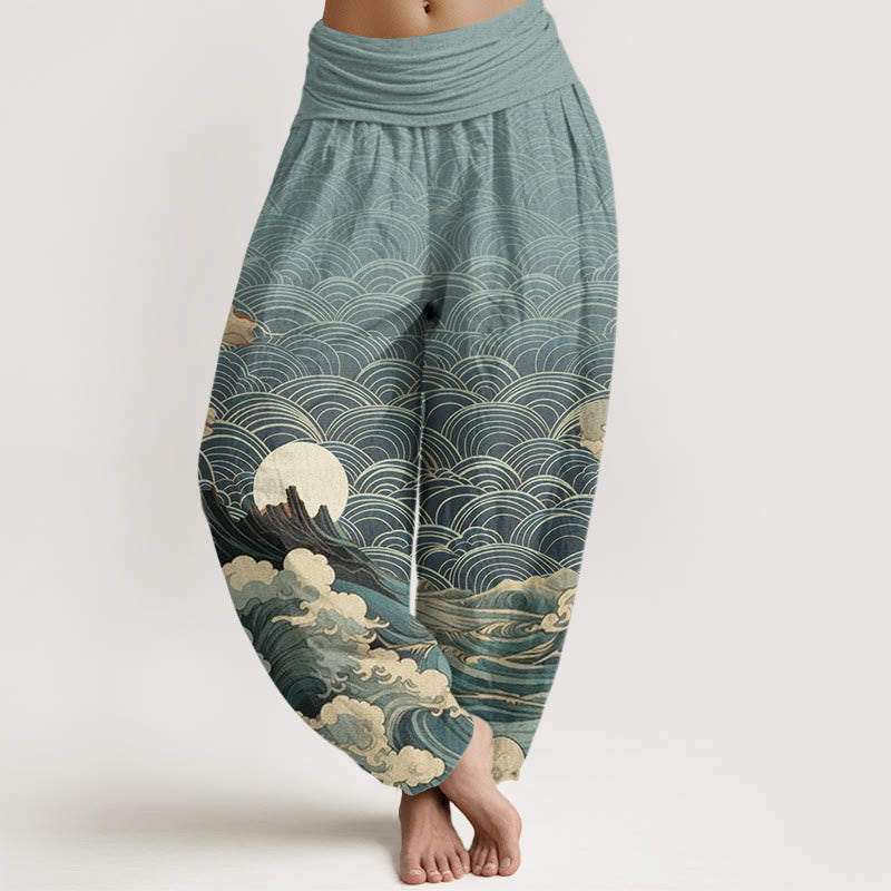 Buddha Stones Lässige Haremshose für Damen mit elastischer Taille und Wellen-Mond-Berg-Muster - Himmelblau - US22， UK/AU26，EU54 (6XL) - image 5