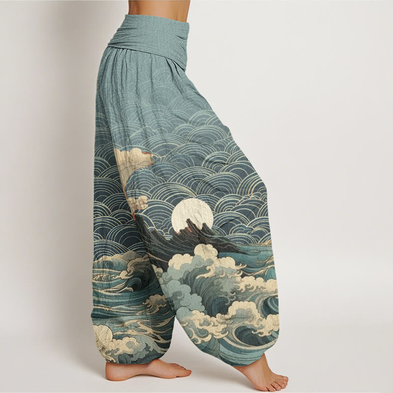 Buddha Stones Lässige Haremshose für Damen mit elastischer Taille und Wellen-Mond-Berg-Muster - image 6