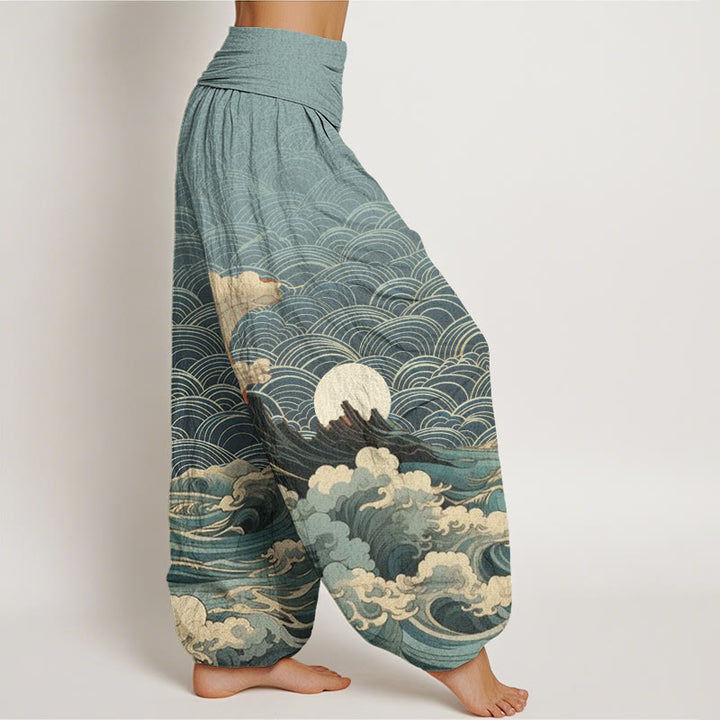 Buddha Stones Lässige Haremshose für Damen mit elastischer Taille und Wellen-Mond-Berg-Muster - image 6