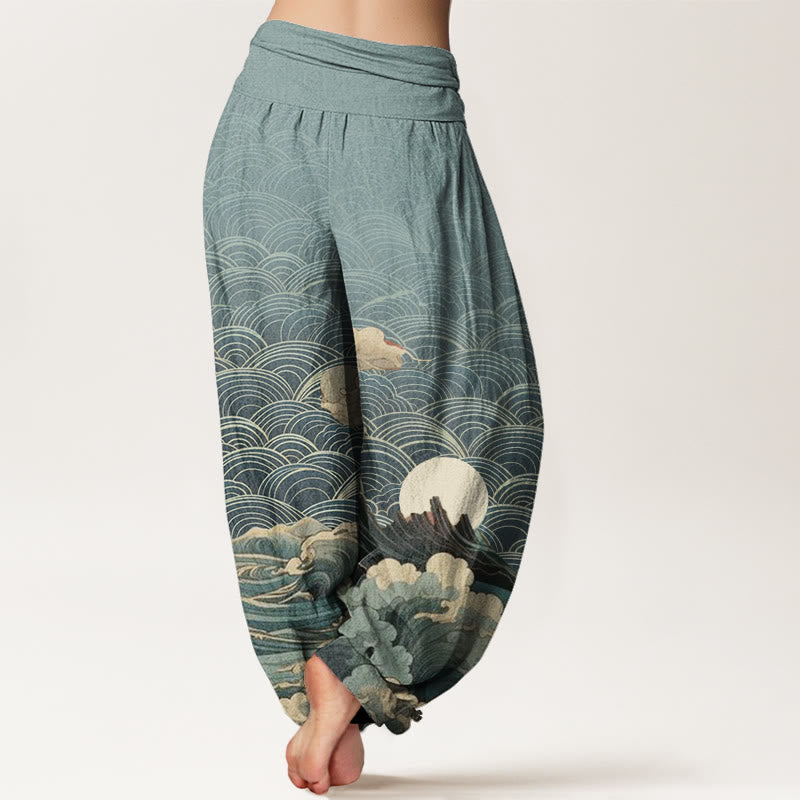 Buddha Stones Lässige Haremshose für Damen mit elastischer Taille und Wellen-Mond-Berg-Muster - image 7