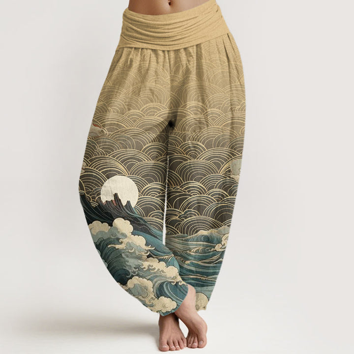 Buddha Stones Lässige Haremshose für Damen mit elastischer Taille und Wellen-Mond-Berg-Muster - Weizen - US22， UK/AU26，EU54 (6XL) - image 8