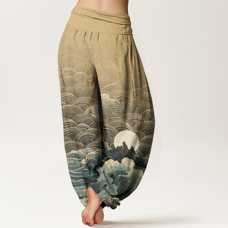 Buddha Stones Lässige Haremshose für Damen mit elastischer Taille und Wellen-Mond-Berg-Muster - image 10