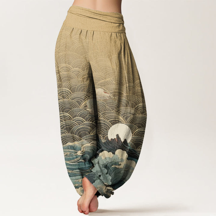 Buddha Stones Lässige Haremshose für Damen mit elastischer Taille und Wellen-Mond-Berg-Muster - image 10