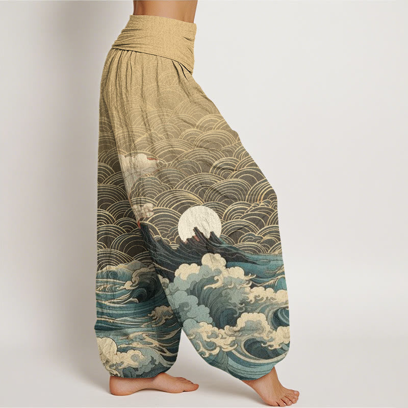 Buddha Stones Lässige Haremshose für Damen mit elastischer Taille und Wellen-Mond-Berg-Muster - image 9