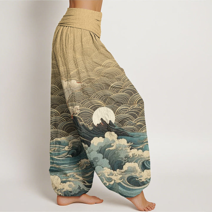 Buddha Stones Lässige Haremshose für Damen mit elastischer Taille und Wellen-Mond-Berg-Muster - image 9