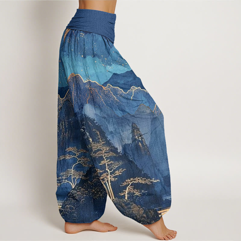 Lässige Haremshose mit Buddha Stones, Vollmond, Bergen, Bäumen und Flussmuster für Damen, elastische Taille - image 2