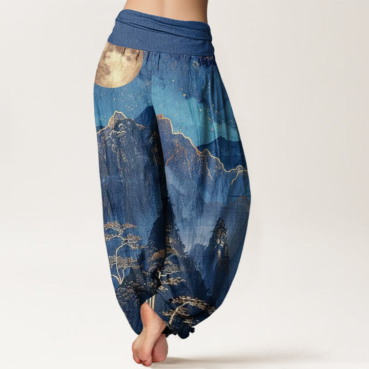 Lässige Haremshose mit Buddha Stones, Vollmond, Bergen, Bäumen und Flussmuster für Damen, elastische Taille - image 3