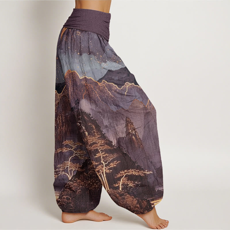 Lässige Haremshose mit Buddha Stones, Vollmond, Bergen, Bäumen und Flussmuster für Damen, elastische Taille - image 6