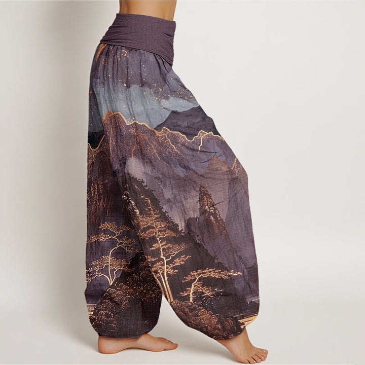 Lässige Haremshose mit Buddha Stones, Vollmond, Bergen, Bäumen und Flussmuster für Damen, elastische Taille - image 6
