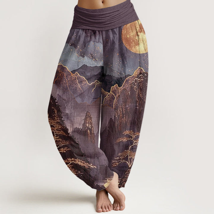 Lässige Haremshose aus Baumwolle mit Buddha Stones , Vollmond-, Berg-, Baum- und Flussmuster, elastischem Bund für Damen - Dunkelmagenta - US22, UK/AU26, EU54 (6XL) - image 4