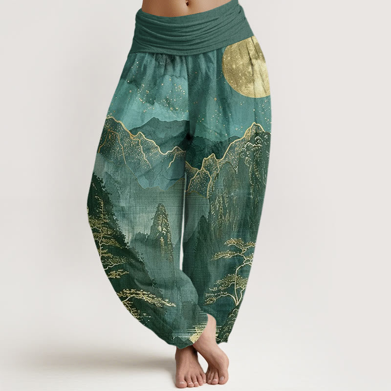 Lässige Haremshose aus Baumwolle mit Buddha Stones , Vollmond-, Berg-, Baum- und Flussmuster, elastischem Bund für Damen - Dunkelcyan - US22, UK/AU26, EU54 (6XL) - image 7