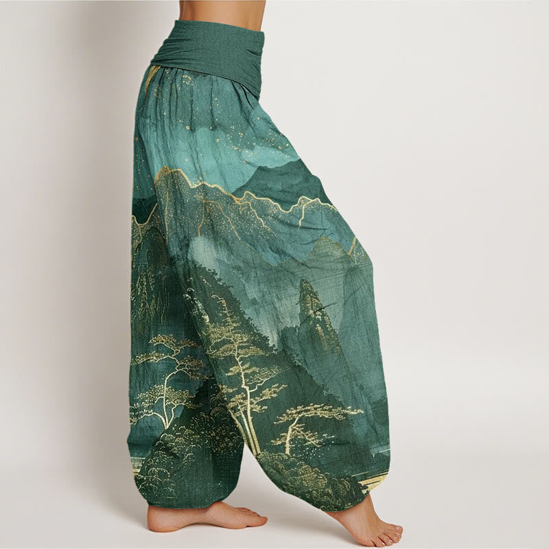 Lässige Haremshose mit Buddha Stones, Vollmond, Bergen, Bäumen und Flussmuster für Damen, elastische Taille - image 9