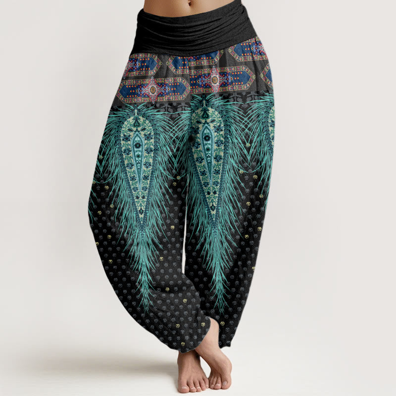 Buddha Stones Damen-Haremshose mit elastischer Taille und Federdesign im Bohemian-Stil - Schwarz - US22， UK/AU26，EU54 (6XL) - image 1