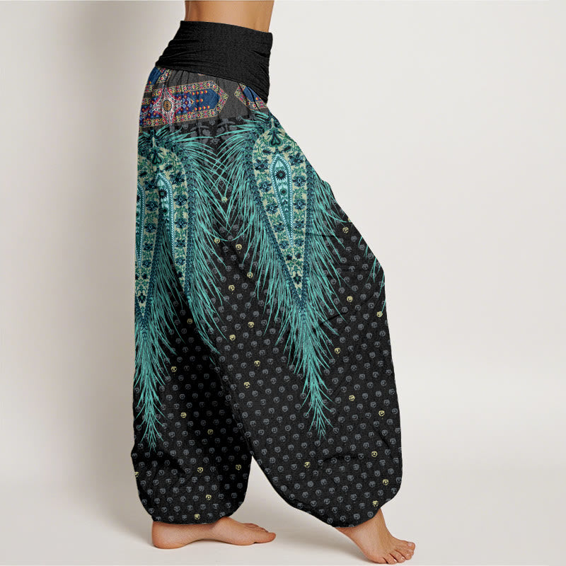 Buddha Stones Damen-Haremshose mit elastischer Taille und Federdesign im Bohemian-Stil - image 3