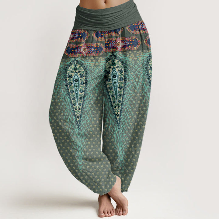 Buddha Stones Damen-Haremshose mit elastischer Taille und Federdesign im Bohemian-Stil - DunkelMeergrün - US22， UK/AU26，EU54 (6XL) - image 5