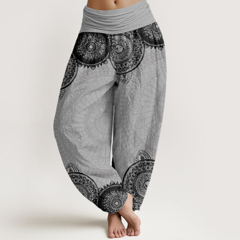 Haremshose für Damen mit elastischer Taille und Buddha Stones, kreisförmiges Mandala-Design - Hellgrau - US22， UK/AU26，EU54 (6XL) - image 8