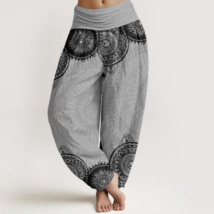 Haremshose für Damen mit elastischer Taille und Buddha Stones, kreisförmiges Mandala-Design - Hellgrau - US22， UK/AU26，EU54 (6XL) - image 8