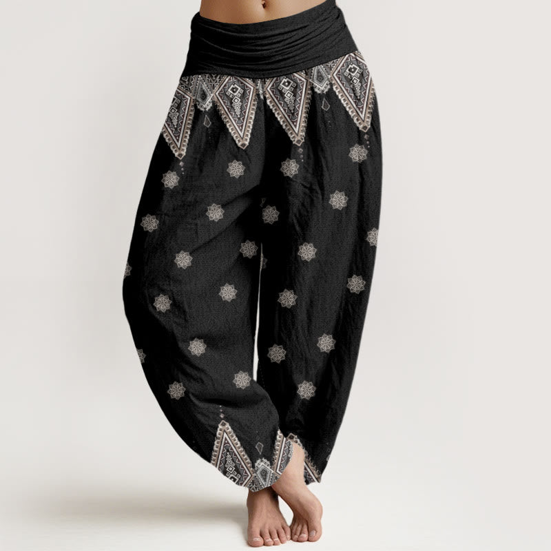 Buddha Stones Damen-Haremshose mit elastischer Taille und geometrischem Blumendesign im Bohemian-Stil - Schwarz - US22， UK/AU26，EU54 (6XL) - image 1