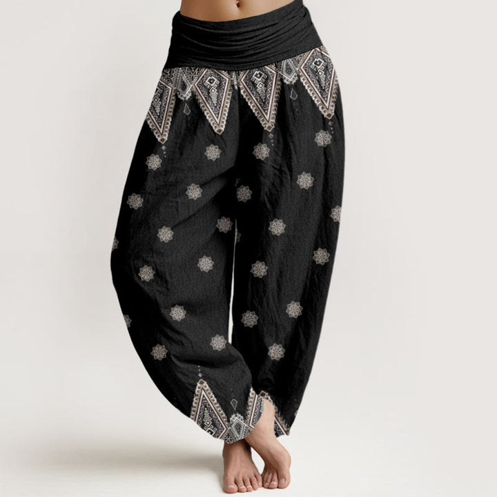 Buddha Stones Damen-Haremshose mit elastischer Taille und geometrischem Blumendesign im Bohemian-Stil - Schwarz - US22， UK/AU26，EU54 (6XL) - image 1