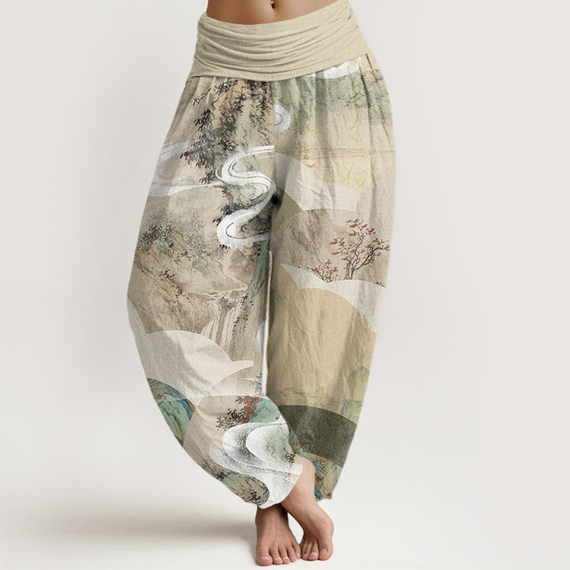Buddha Stones, chinesische Landschaft, Berge, Flüsse, Nebel-Design, Damen-Haremshose mit elastischer Taille - Beige - US22， UK/AU26，EU54 (6XL) - image 1