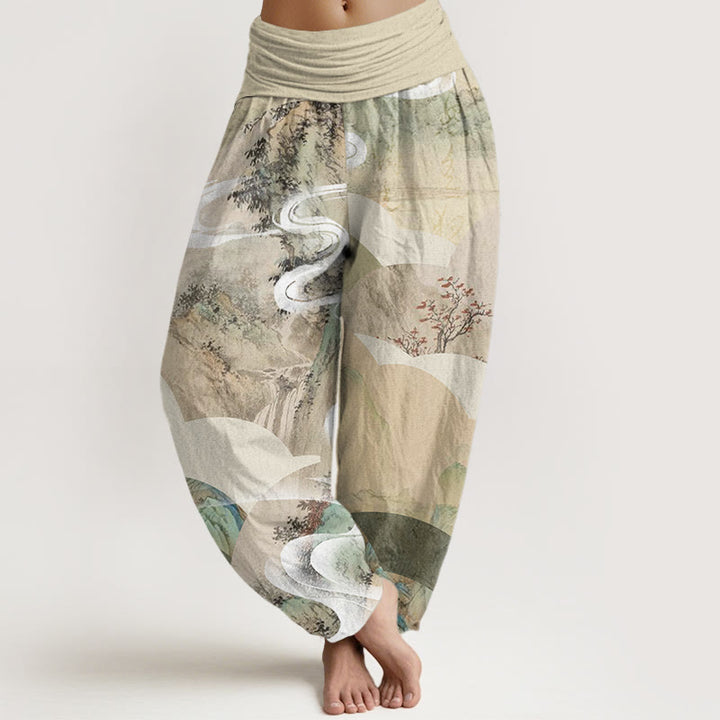 Buddha Stones, chinesische Landschaft, Berge, Flüsse, Nebel-Design, Damen-Haremshose mit elastischer Taille - Beige - US22， UK/AU26，EU54 (6XL) - image 1