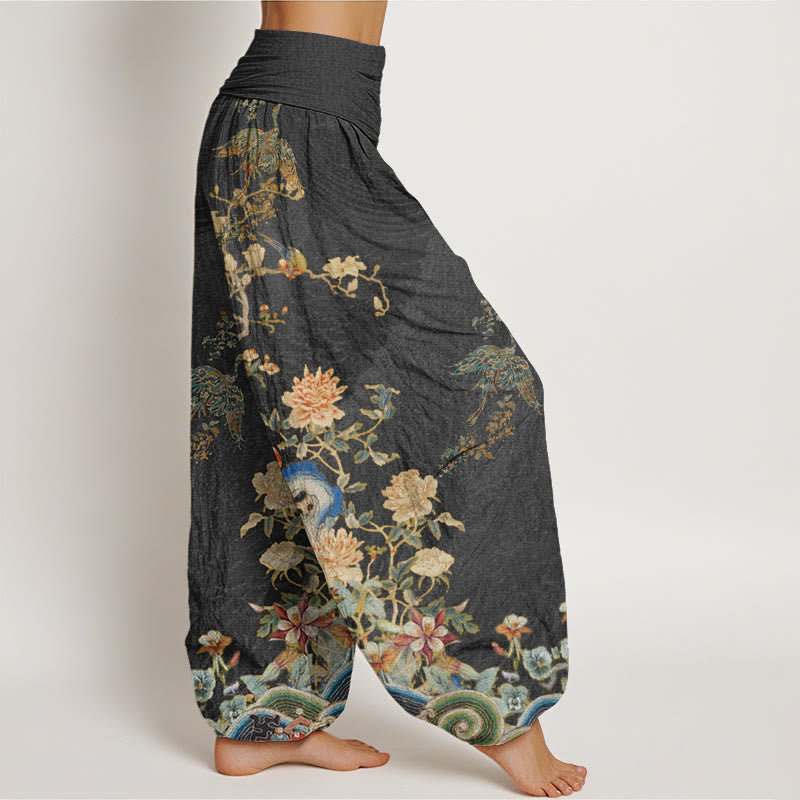 Buddha Stones Peacocks Gelbe Blumen Design Damen Haremshose mit elastischer Taille