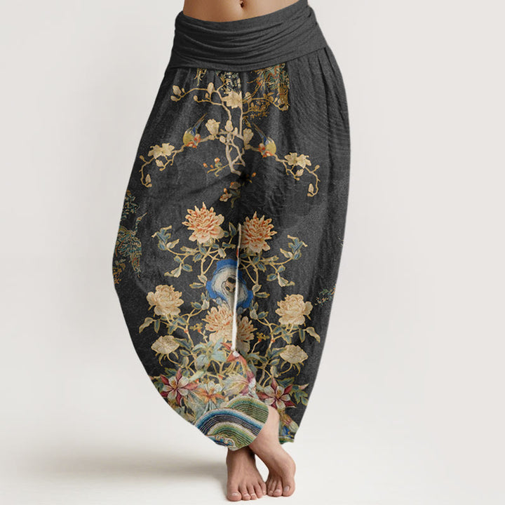 Buddha Stones Peacocks Gelbe Blumen Design Damen Haremshose mit elastischer Taille