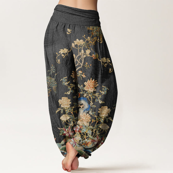 Buddha Stones Peacocks Gelbe Blumen Design Damen Haremshose mit elastischer Taille