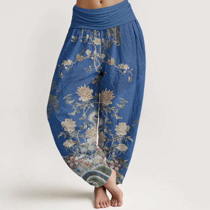 Buddha Stones Peacocks Gelbe Blumen Design Damen Haremshose mit elastischer Taille