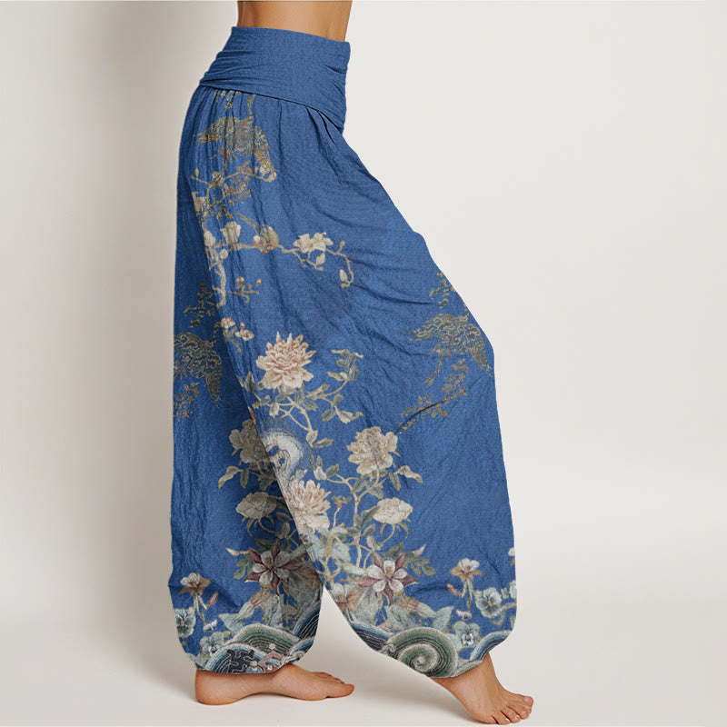 Buddha Stones Peacocks Gelbe Blumen Design Damen Haremshose mit elastischer Taille