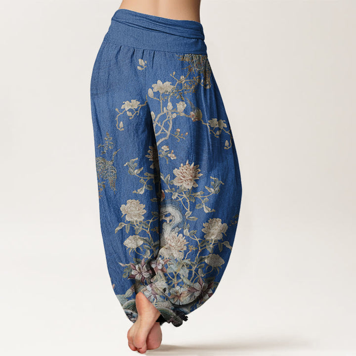 Buddha Stones Peacocks Gelbe Blumen Design Damen Haremshose mit elastischer Taille