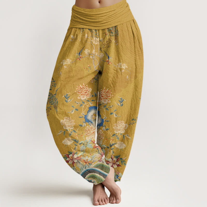 Buddha Stones Peacocks Gelbe Blumen Design Damen Haremshose mit elastischer Taille