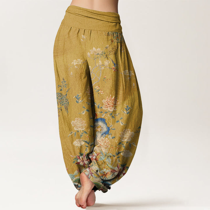 Buddha Stones Peacocks Gelbe Blumen Design Damen Haremshose mit elastischer Taille