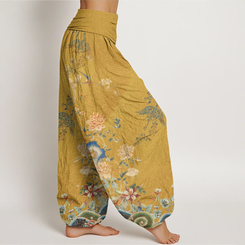 Buddha Stones Peacocks Gelbe Blumen Design Damen Haremshose mit elastischer Taille