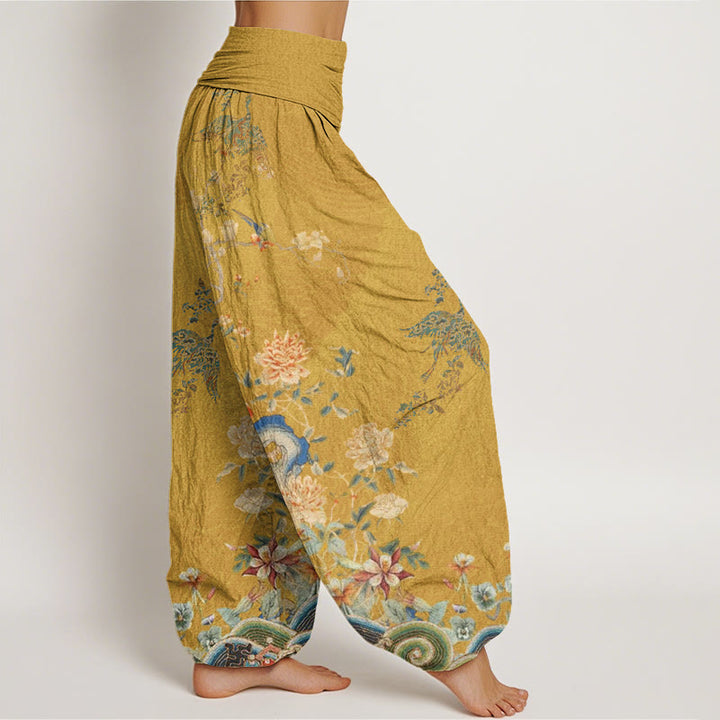 Buddha Stones Peacocks Gelbe Blumen Design Damen Haremshose mit elastischer Taille