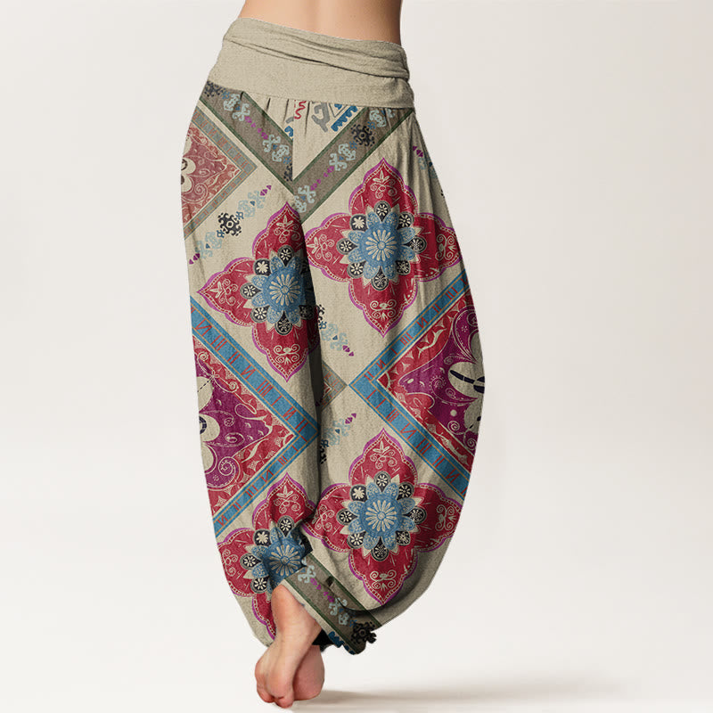 Buddha Stones Rautenförmiges geometrisches Blumendesign Damen Haremshose mit elastischer Taille - image 2