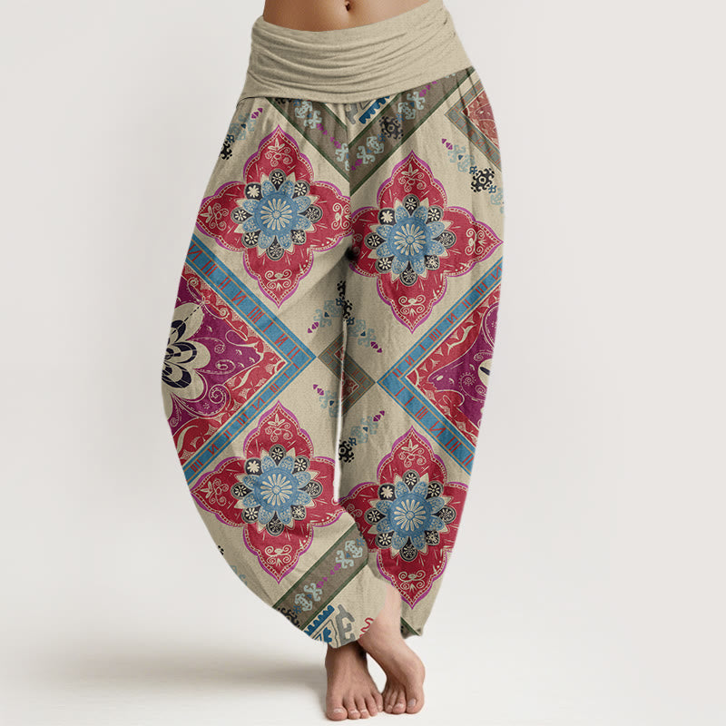 Buddha Stones Rautenförmiges geometrisches Blumendesign Damen Haremshose mit elastischer Taille - Beige - US22， UK/AU26，EU54 (6XL) - image 1