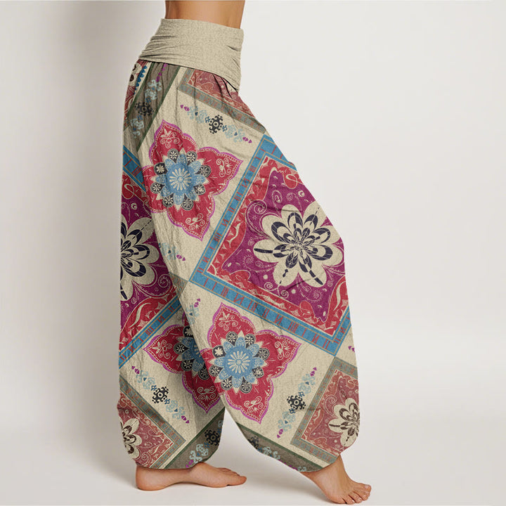 Buddha Stones Rautenförmiges geometrisches Blumendesign Damen Haremshose mit elastischer Taille - image 3