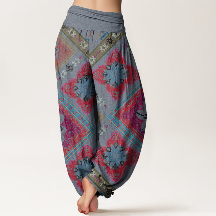 Buddha Stones Rautenförmiges geometrisches Blumendesign Damen Haremshose mit elastischer Taille - image 6